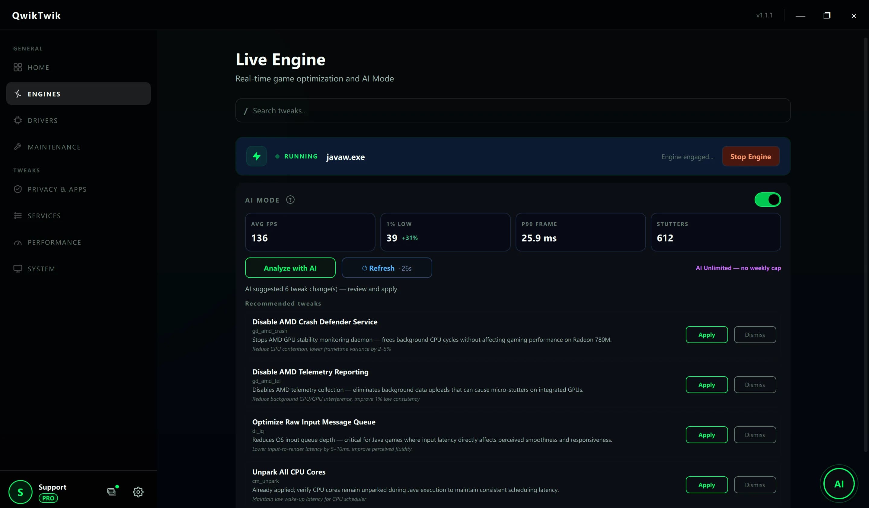 QwikTwik Live Engine tab with AI Mode active, showing real-time CPU, FPS, and latency metrics on Windows 11